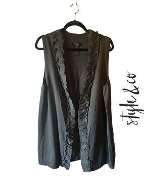 Style & Co. Charcoal Gray Ruffle-Trim Sleeveless Long Cardigan Vest